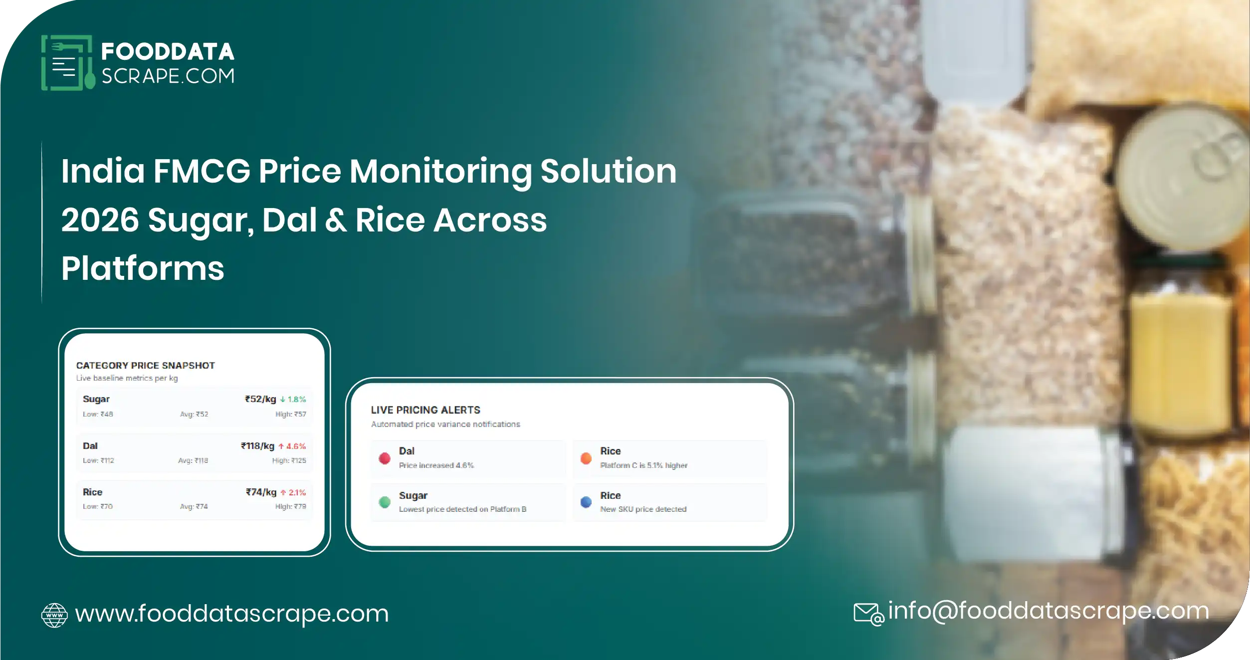 India FMCG Price Monitoring Solution 2026 — Sugar, dal, rice pricing across Blinkit, Zepto, BigBasket. FoodDataScrape delivers India grocery price monitoring.